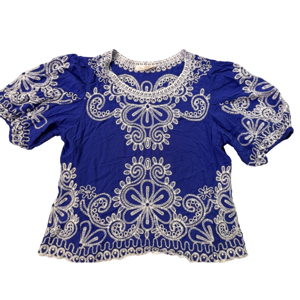 Solitaire Royal Blue White Soutache Embroidered Puff Sleeve Blouse Small 22-1047